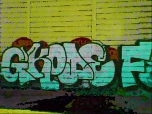 A sample glitch camera image taken of graffiti lettering