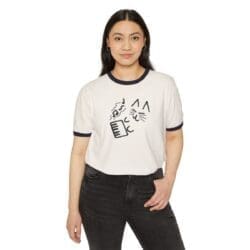 Black collar/cuff variant of a tee shirt with a badly drawn cat playing a synthesizer on it worn by a model